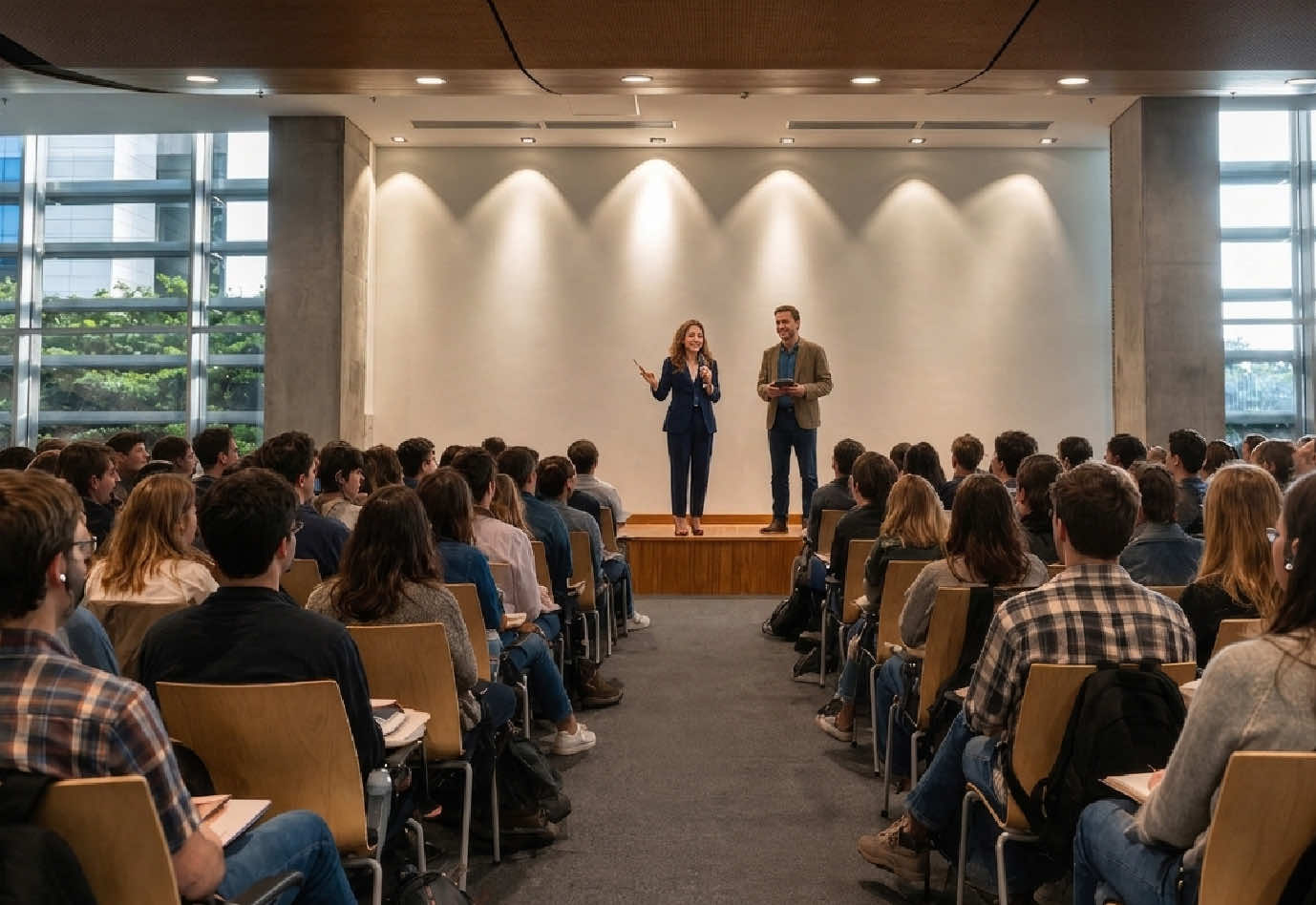 Director de programa conversando con aspirantes en la Universidad Ean