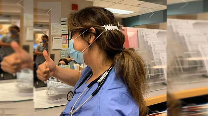 Personal médico usando 'Orejitas Ean', otro implemento fabricado en impresoras 3D.