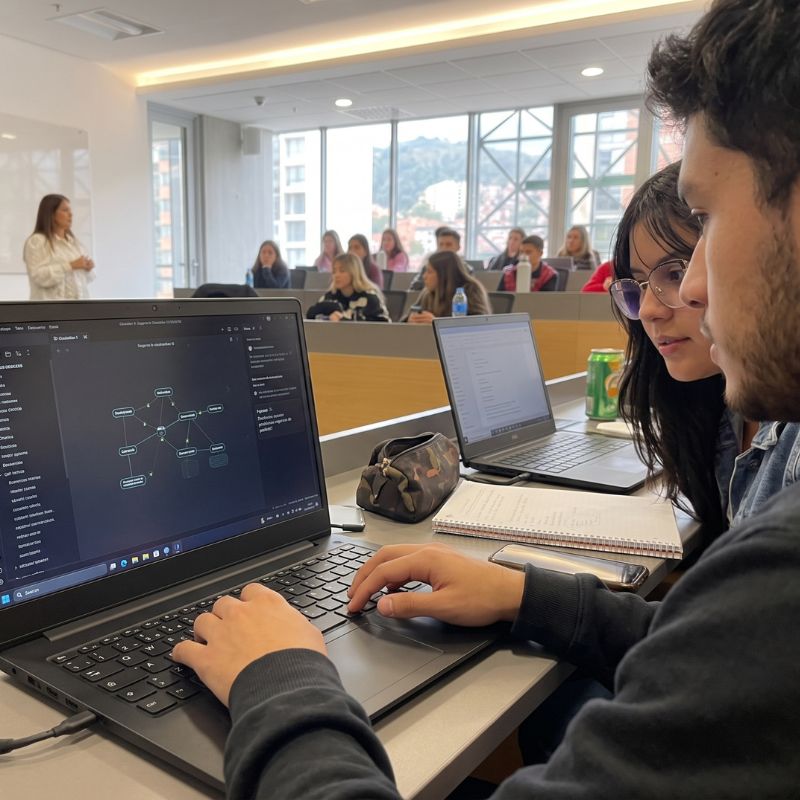 Estudiante en Bogotá organizando sus apuntes y lecturas en un computador mediante un segundo cerebro con inteligencia artificial.